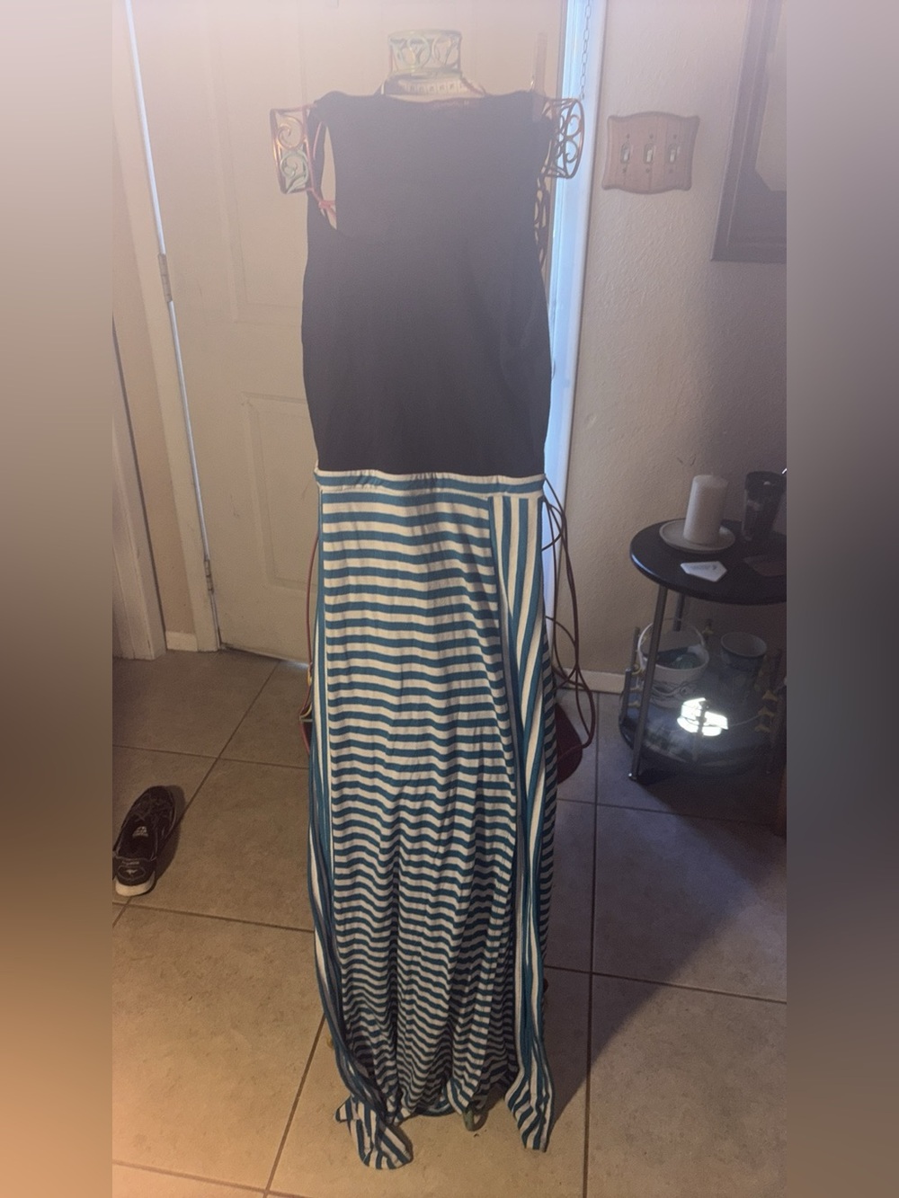 Women's Navy and White Stripe Maxi Dress - Sleeveless Casual